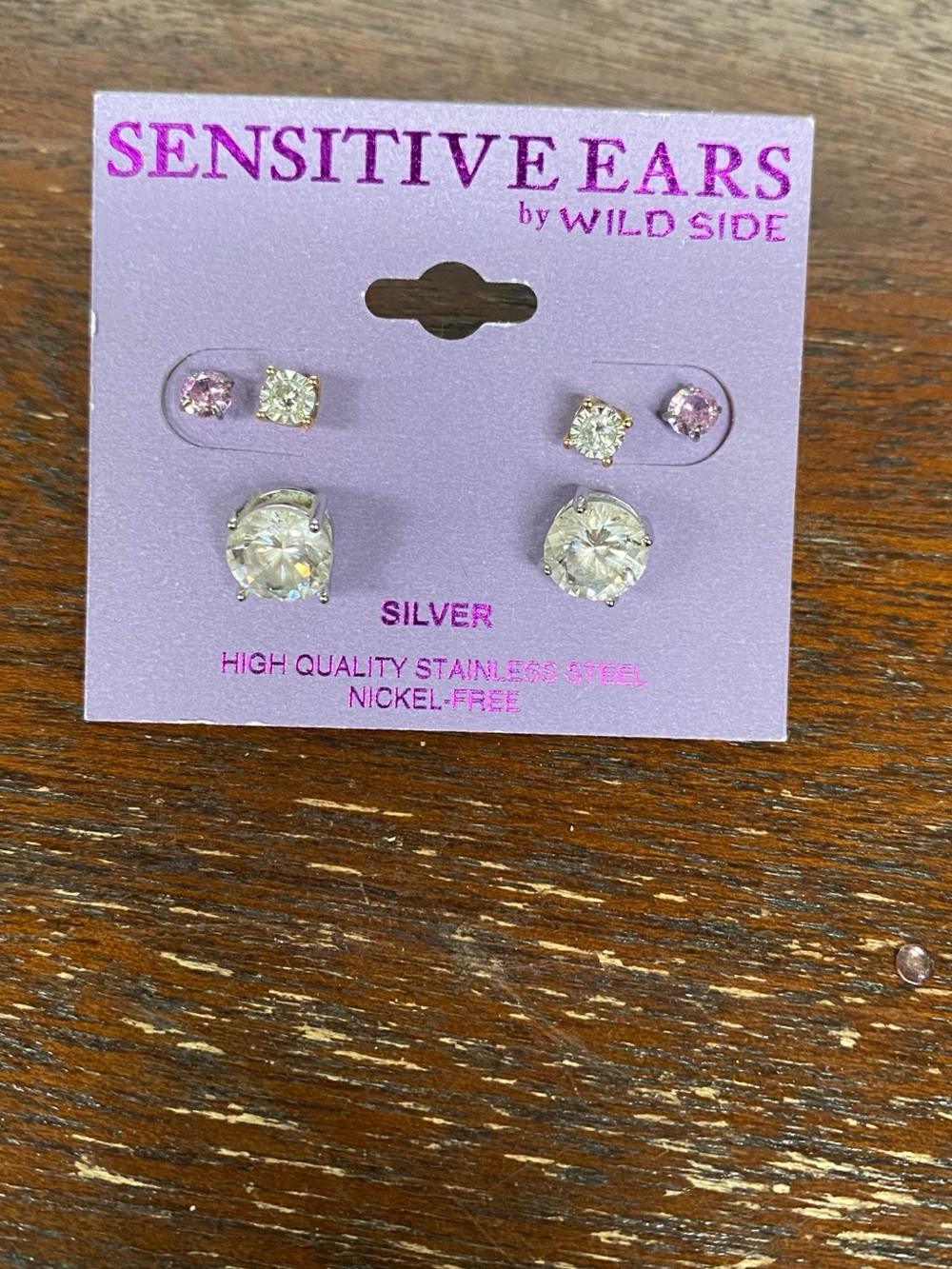 Sensitive Ears™ by Wild Side Silver Stud Earring Trio with Pink and Clear Stones